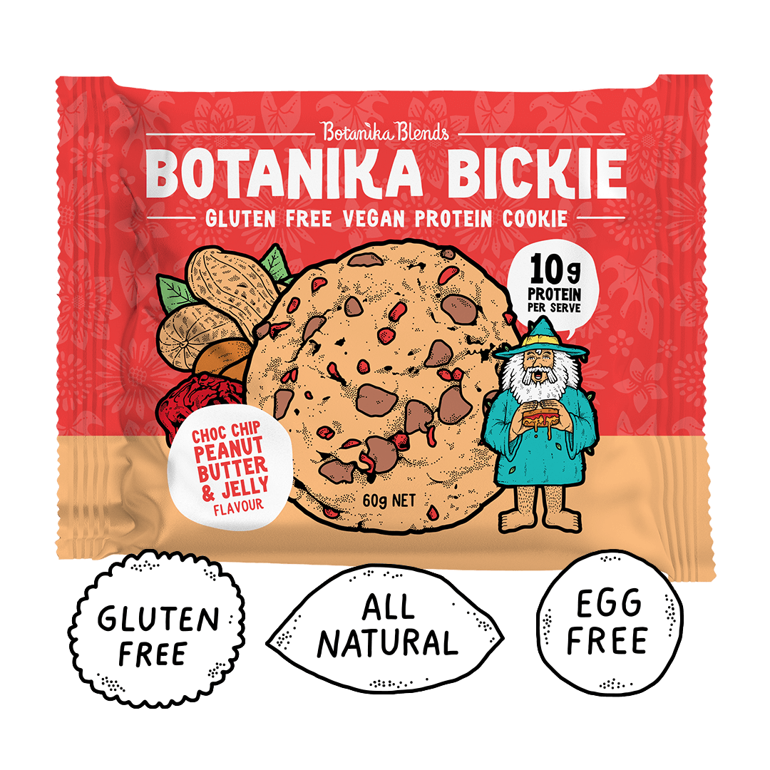 botanika blends botanika bickie - protein cookie choc chip peanut butter & jelly 12x60g