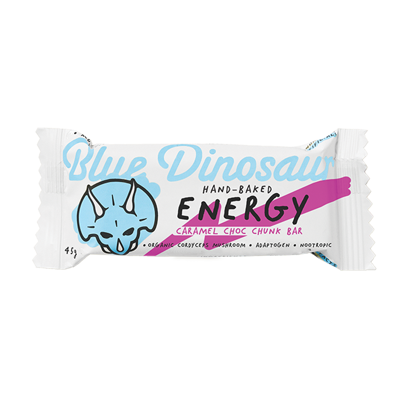 blue dinosaur hand-baked energy bar caramel choc chunk 12x45g