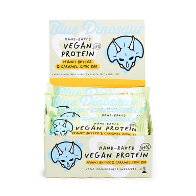 blue dinosaur hand-baked vegan protein bar peanut butter & caramel choc 12x45g
