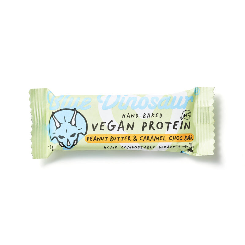 blue dinosaur hand-baked vegan protein bar peanut butter & caramel choc 12x45g