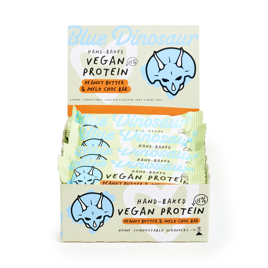 blue dinosaur hand-baked vegan protein bar peanut butter & mylk chocolate 12 x 45g
