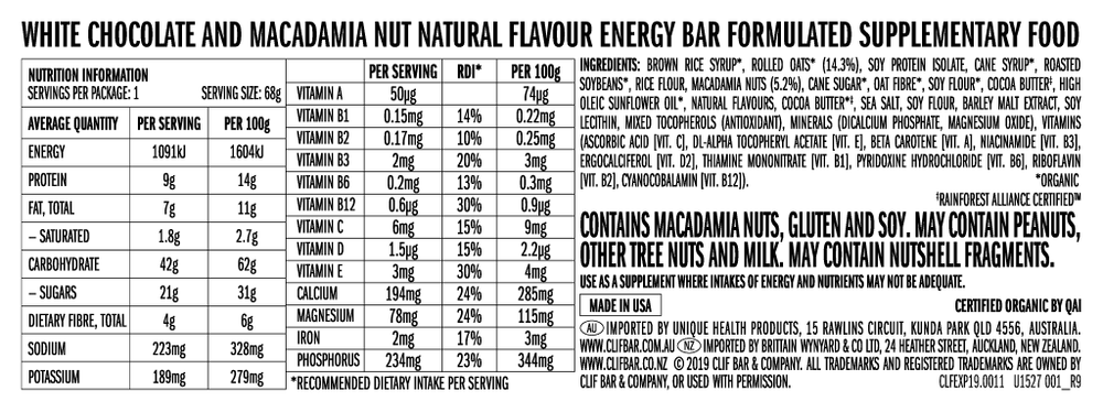 clif bar white chocolate macadamia 12x68g