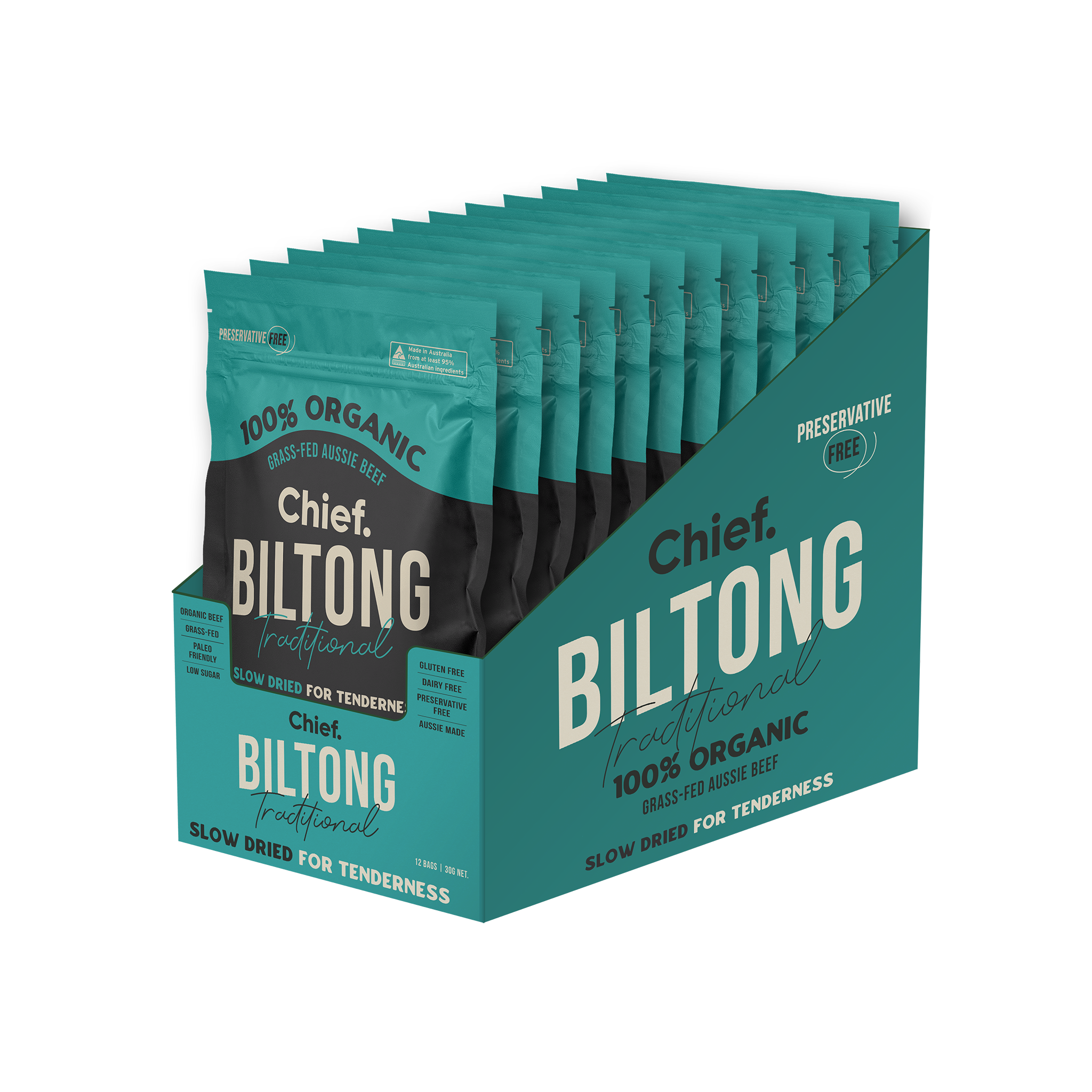 chief collagen grass-fed beef biltong 12 x 30g traditional
