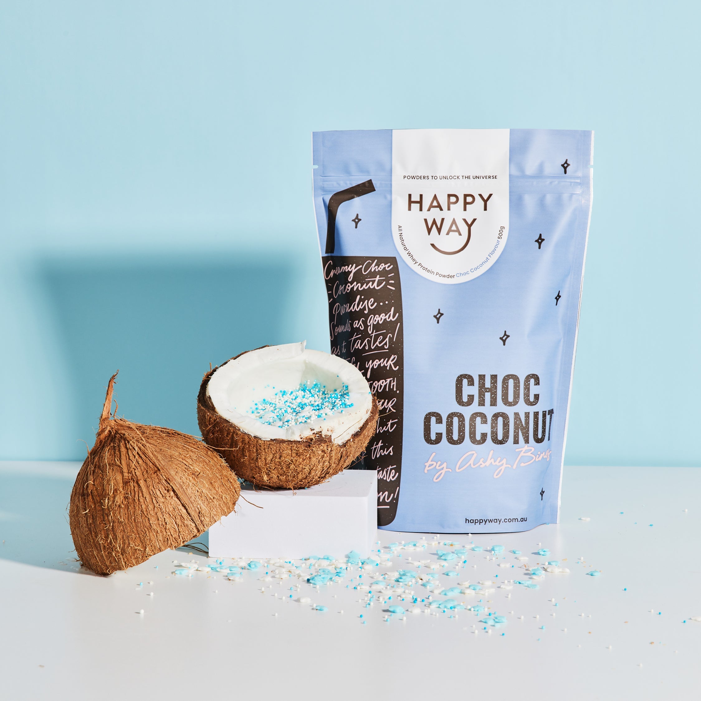 Happy Way Ashy Bines Whey Protein Powder Choc Coconut 500g