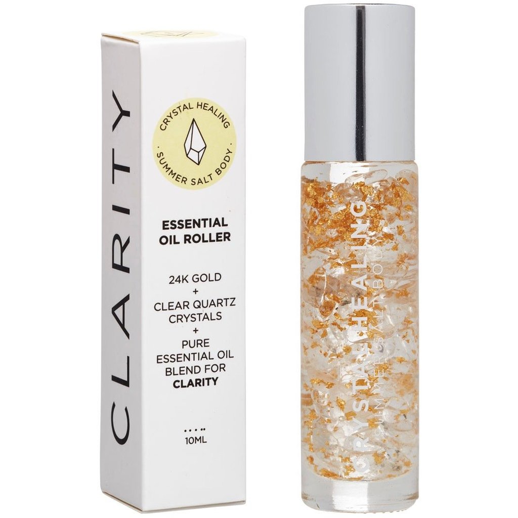 summer salt body essential oil roller with 24k gold clarity - clear quartz crystals