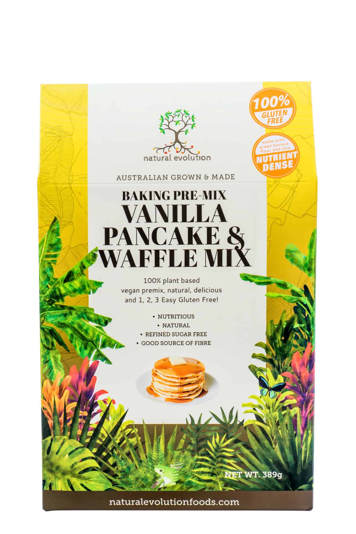 natural evolution vanilla pancake & waffle mix  389g
