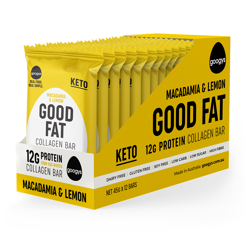 googys good fat collagen bar macadamia & lemon 45g x 12