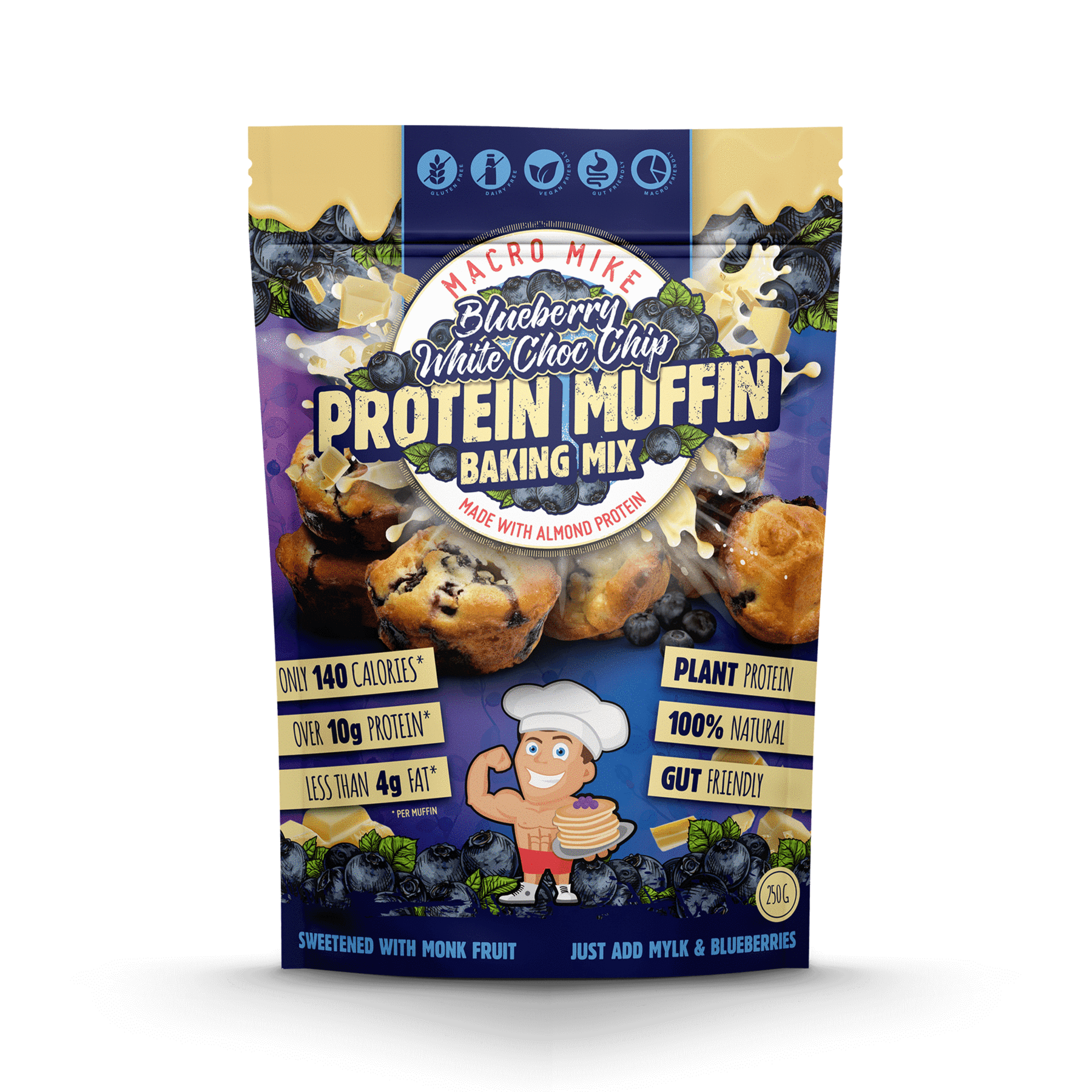 macro mike almond protein blueberry white choc chip muffin mix 250g