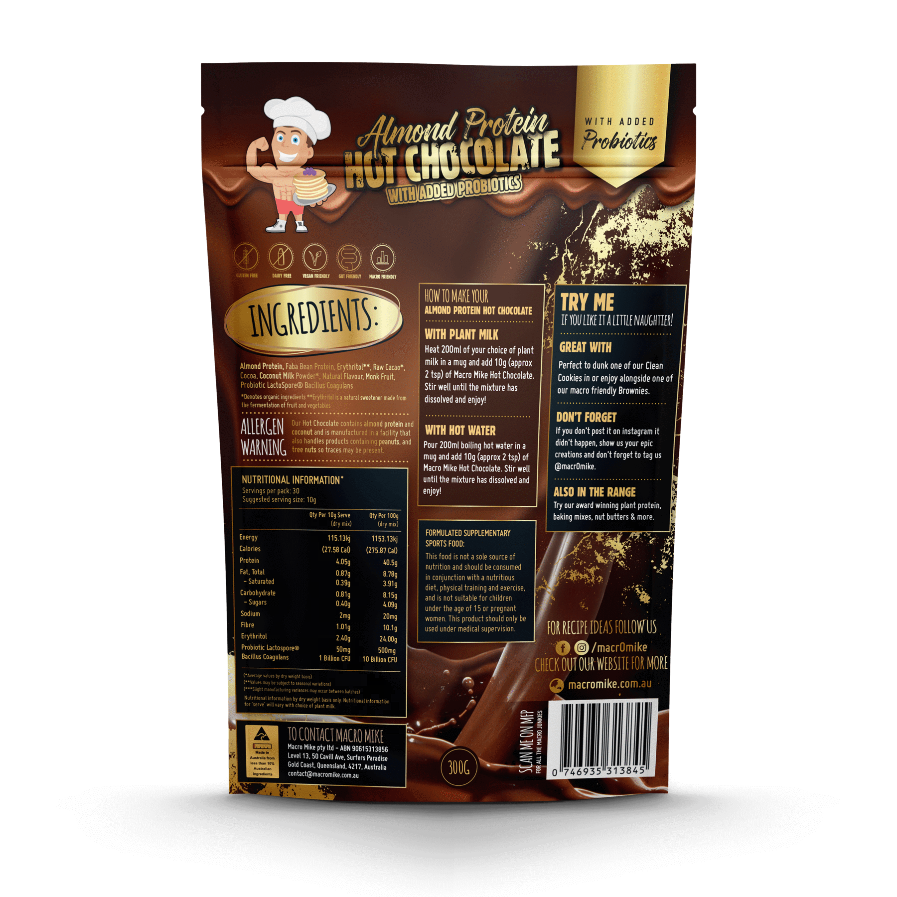 macro mike protein hot chocolate - almond with added probiotics 300g