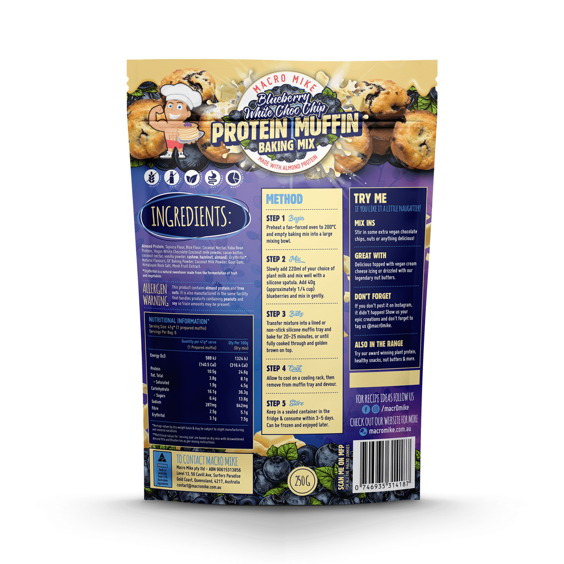 macro mike almond protein blueberry white choc chip muffin mix 250g