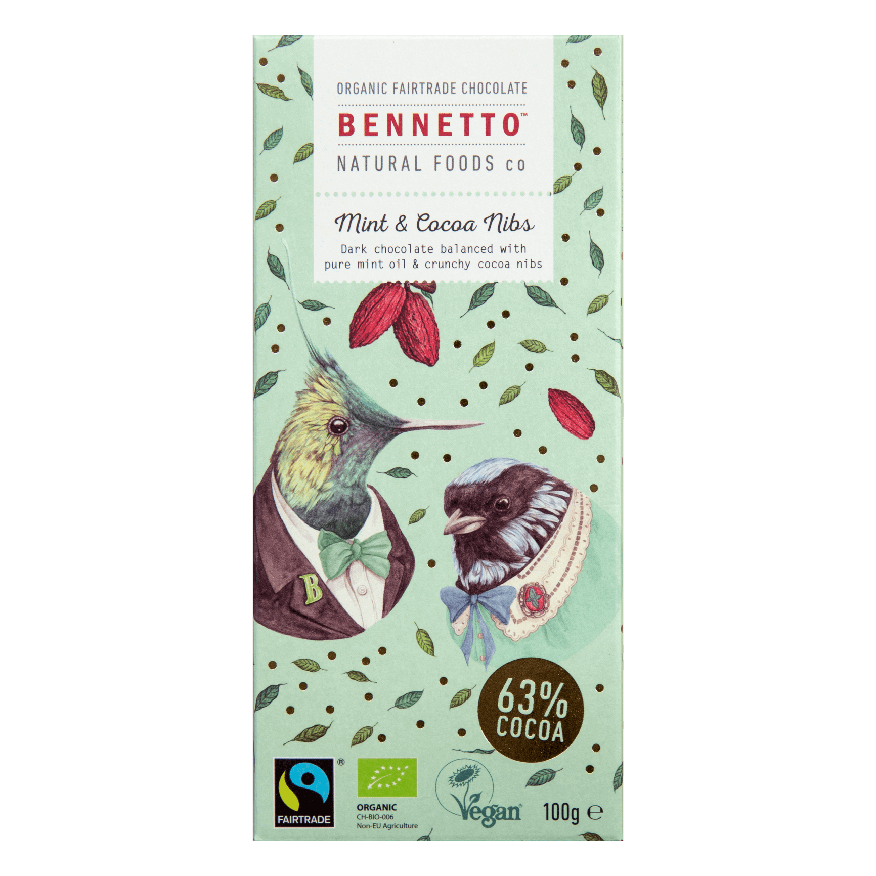 (CLEARANCE) Bennetto Organic Dark Chocolate Mint and Cocoa Nibs 100g