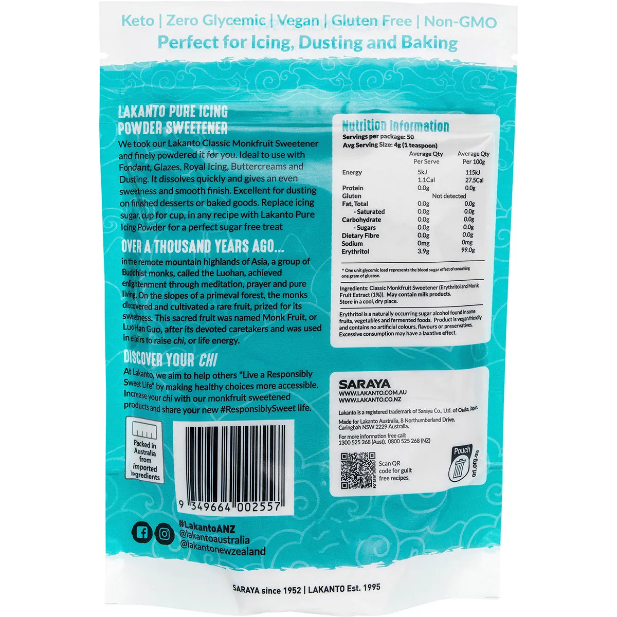 Lakanto Icing Powder Classic Monkfruit Sweetener - Pure Icing Sugar Substitute 200g