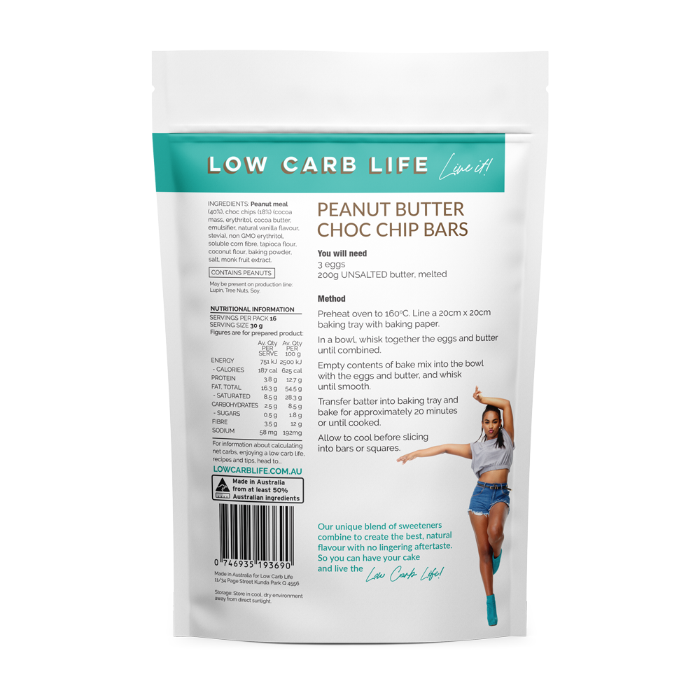 low carb life peanut butter choc chip bars keto bake mix 300g