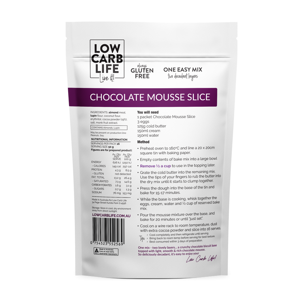 low carb life chocolate mousse slice keto bake mix 300g