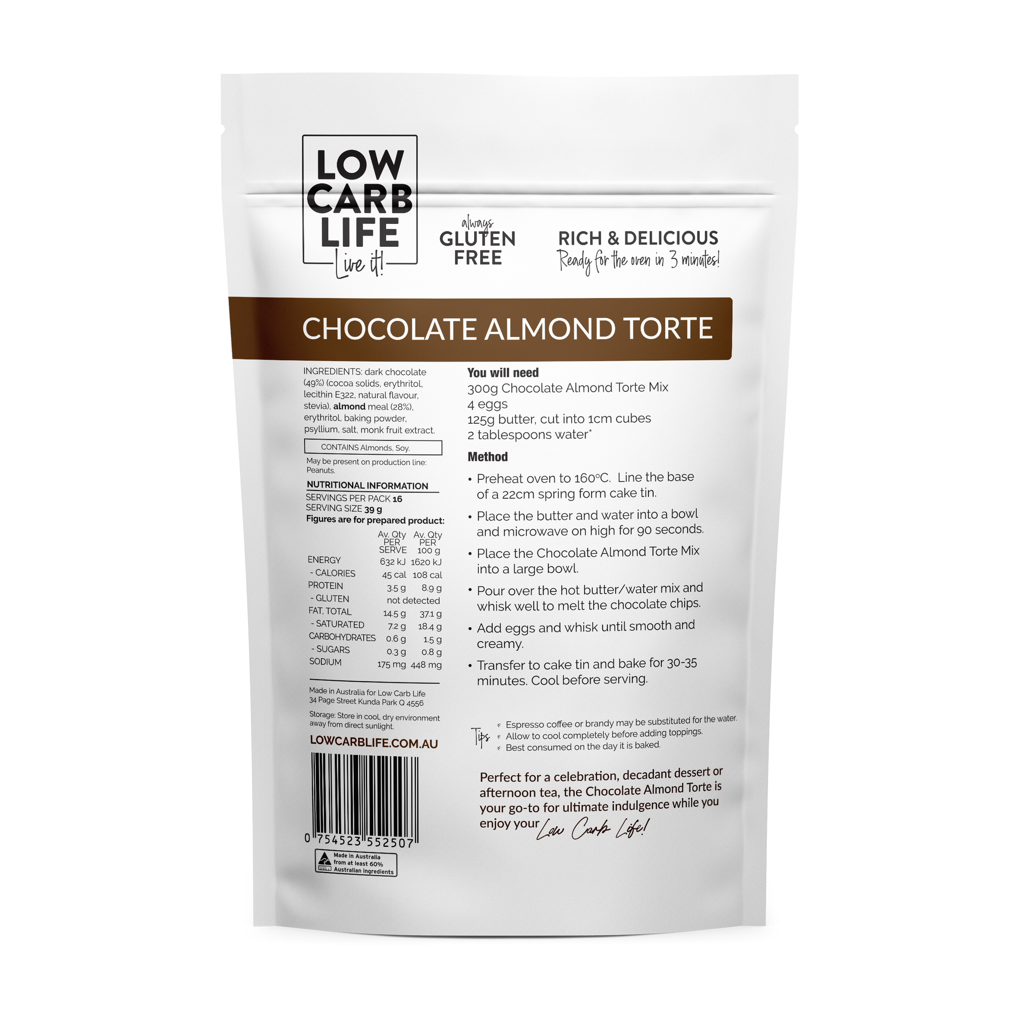 low carb life chocolate almond torte keto bake mix 300g