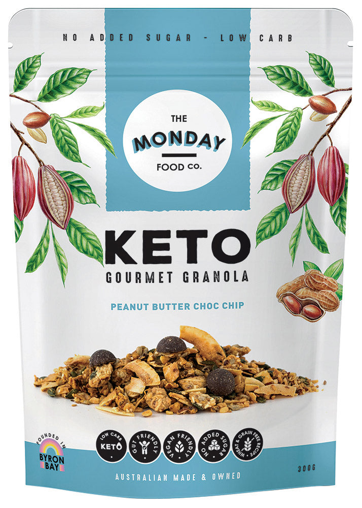 the monday food co keto gourmet granola peanut butter chocolate chip 300g