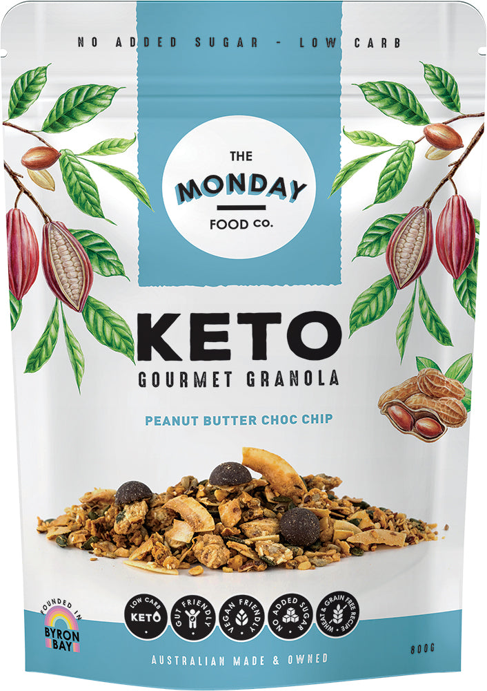 the monday food co keto gourmet granola peanut butter chocolate chip 800g