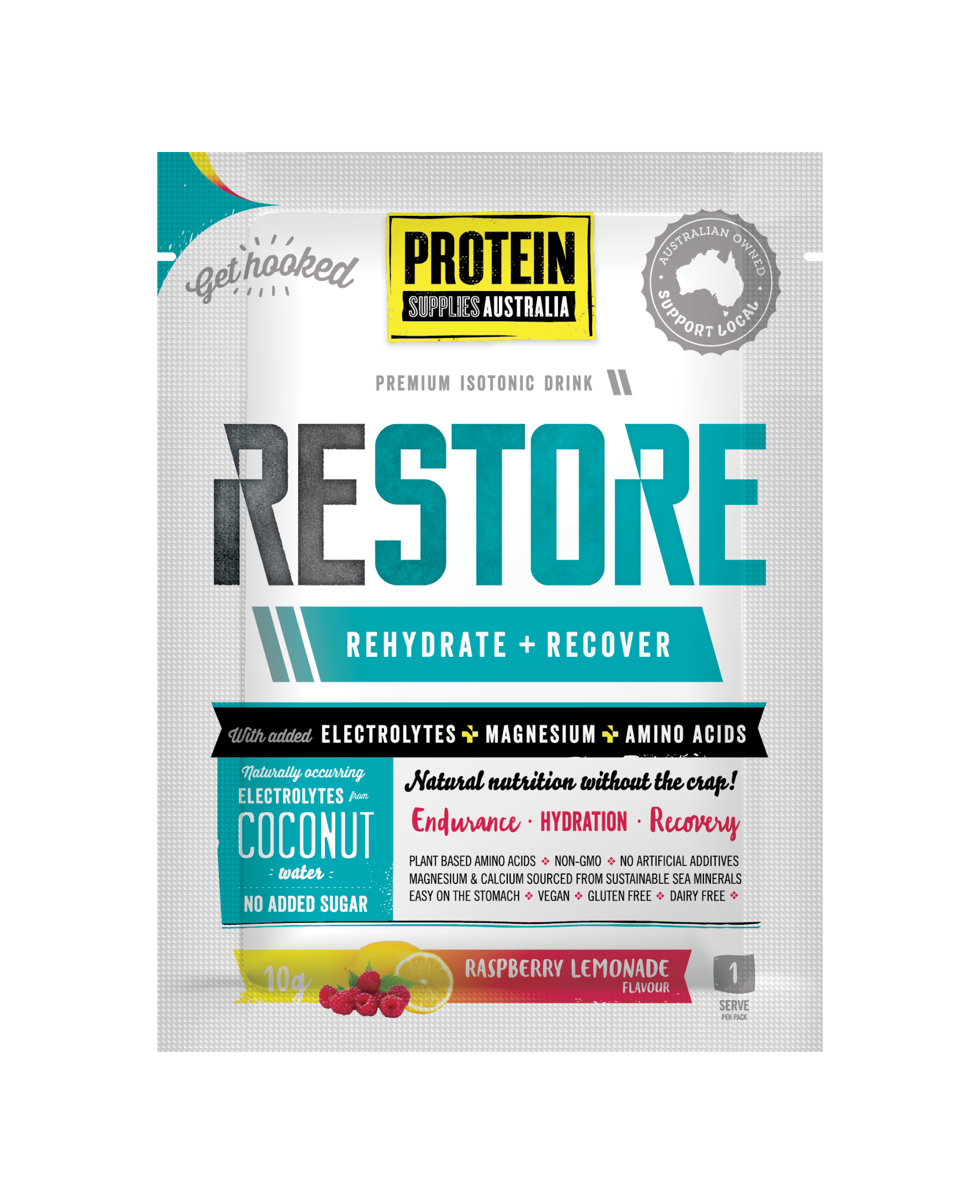 protein supplies aust. restore hydration recovery drink raspberry lemonade