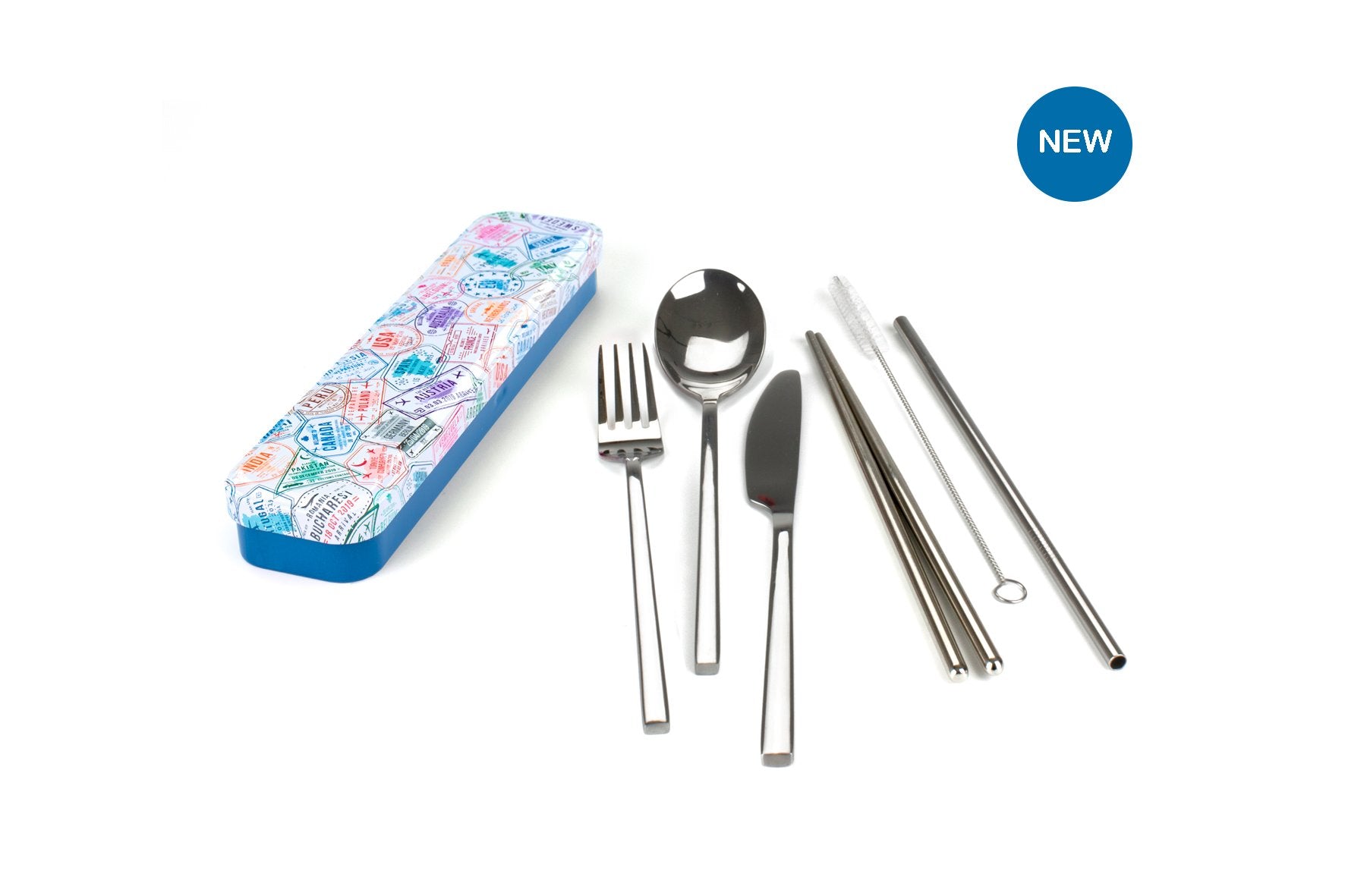 retro kitchen carry your cutlery - stainless steel cutlery set passport stamps