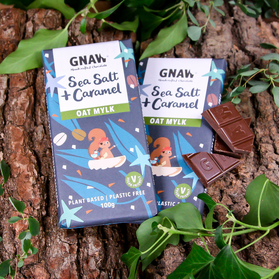 (CLEARANCE!) Gnaw Chocolate Handcrafted Oat Mi!lk Chocolate Sea Salt + Caramel 100g
