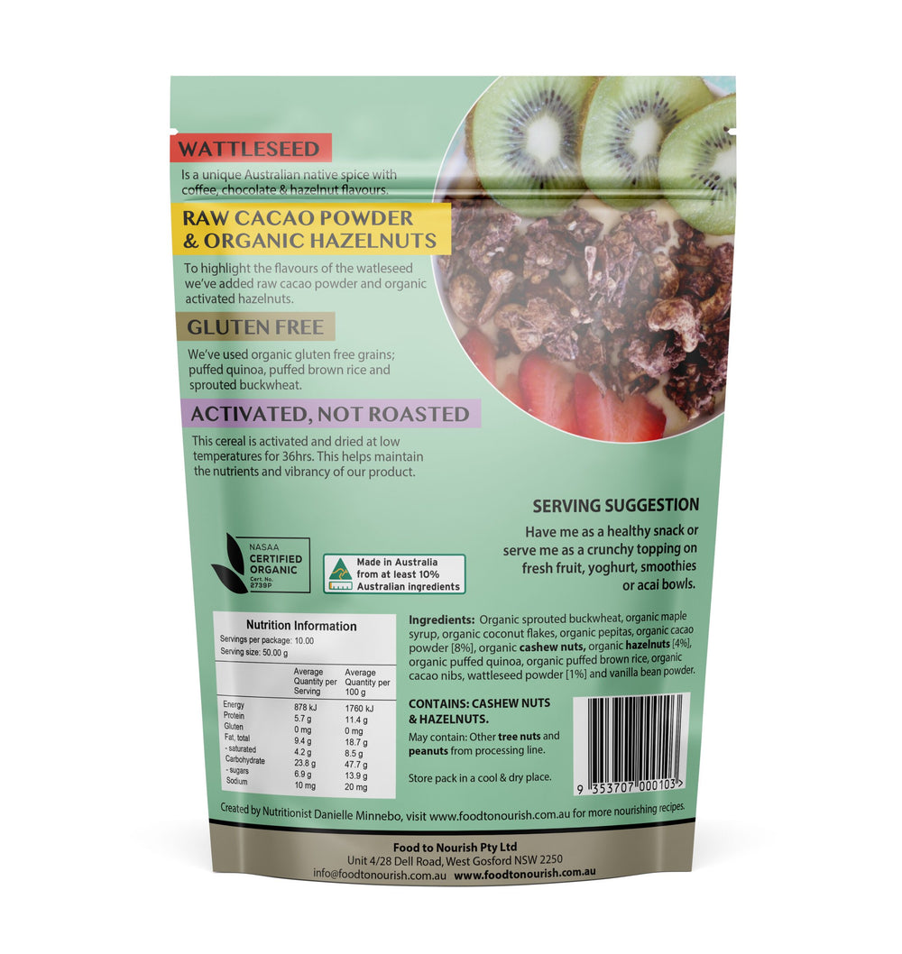 food to nourish clusters cacao, hazelnut & wattleseed 500g