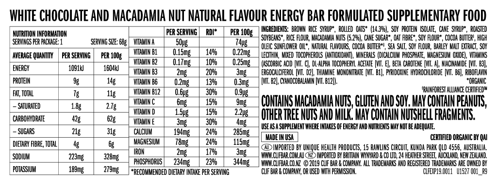 Clif Snack Foods Clif Energy Bar White Chocolate Macadamia 12x68g