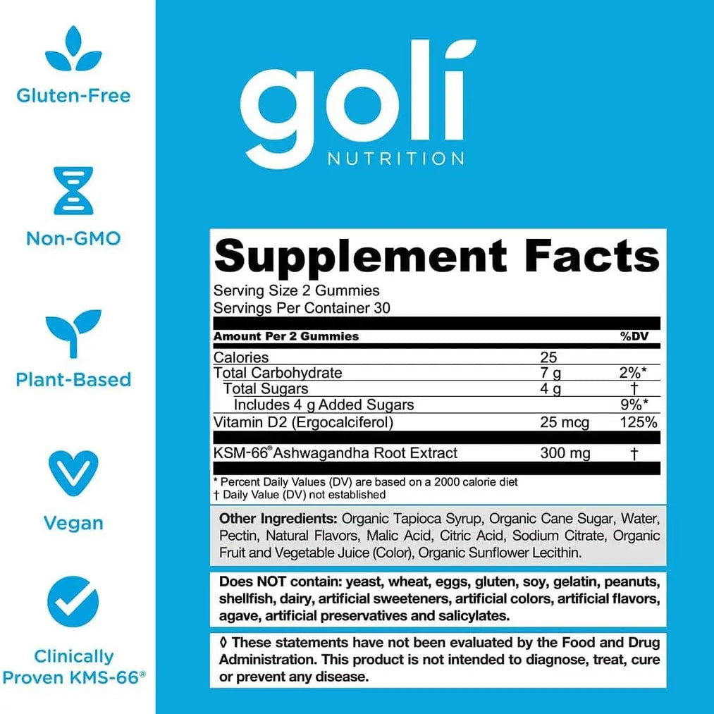 Goli Nutrition Ashwagandha Gummies Mixed Berry 60 Gummies nutrition information panel