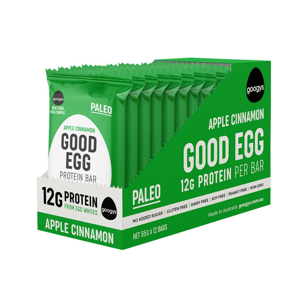 Googys Snack Foods Apple Cinnamon Googys Good Egg Protein Bar Apple Cinnamon 55g x 12