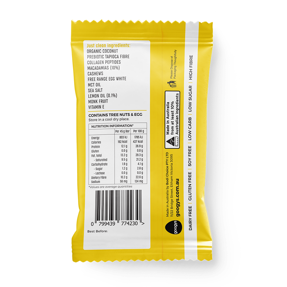 Googys Snack Foods Googys Good Fat Collagen Bar Macadamia & Lemon 45g x 12