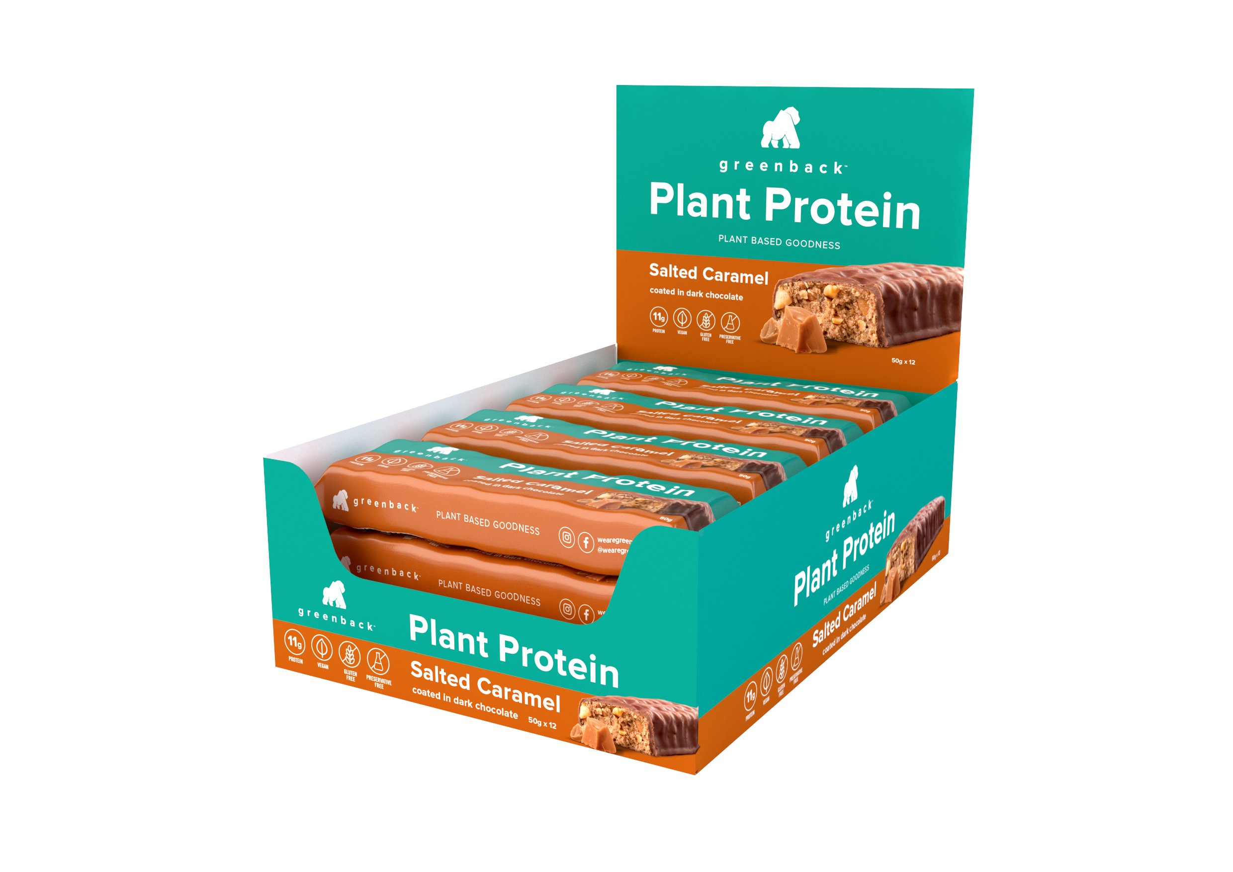 greenback plant protein salted caramel bar 12 x 50g