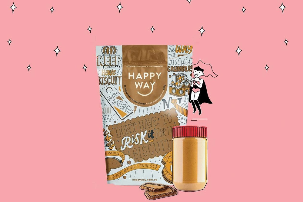 happy way whey protein powder caramel biscuit 500g