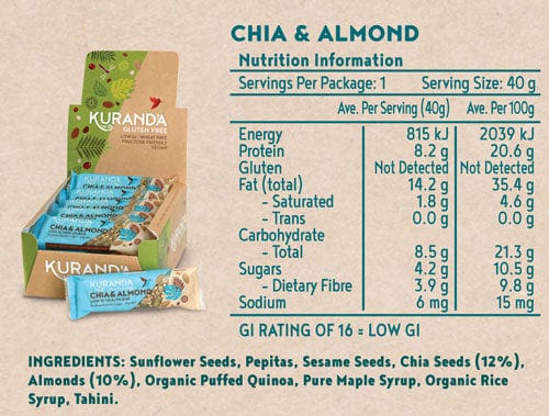 Kuranda Wholefoods Protein Bars Kuranda Gluten Free Chia Bars Chia & Almond 40g x 16