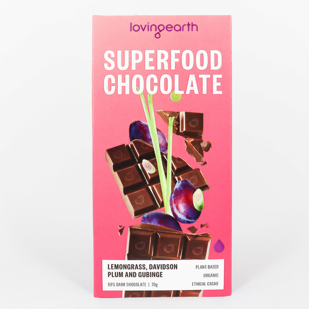 (CLEARANCE BB 07/10/24) Loving Earth Superfood Chocolate Lemongrass, Davidson Plum, Gubinge 70g